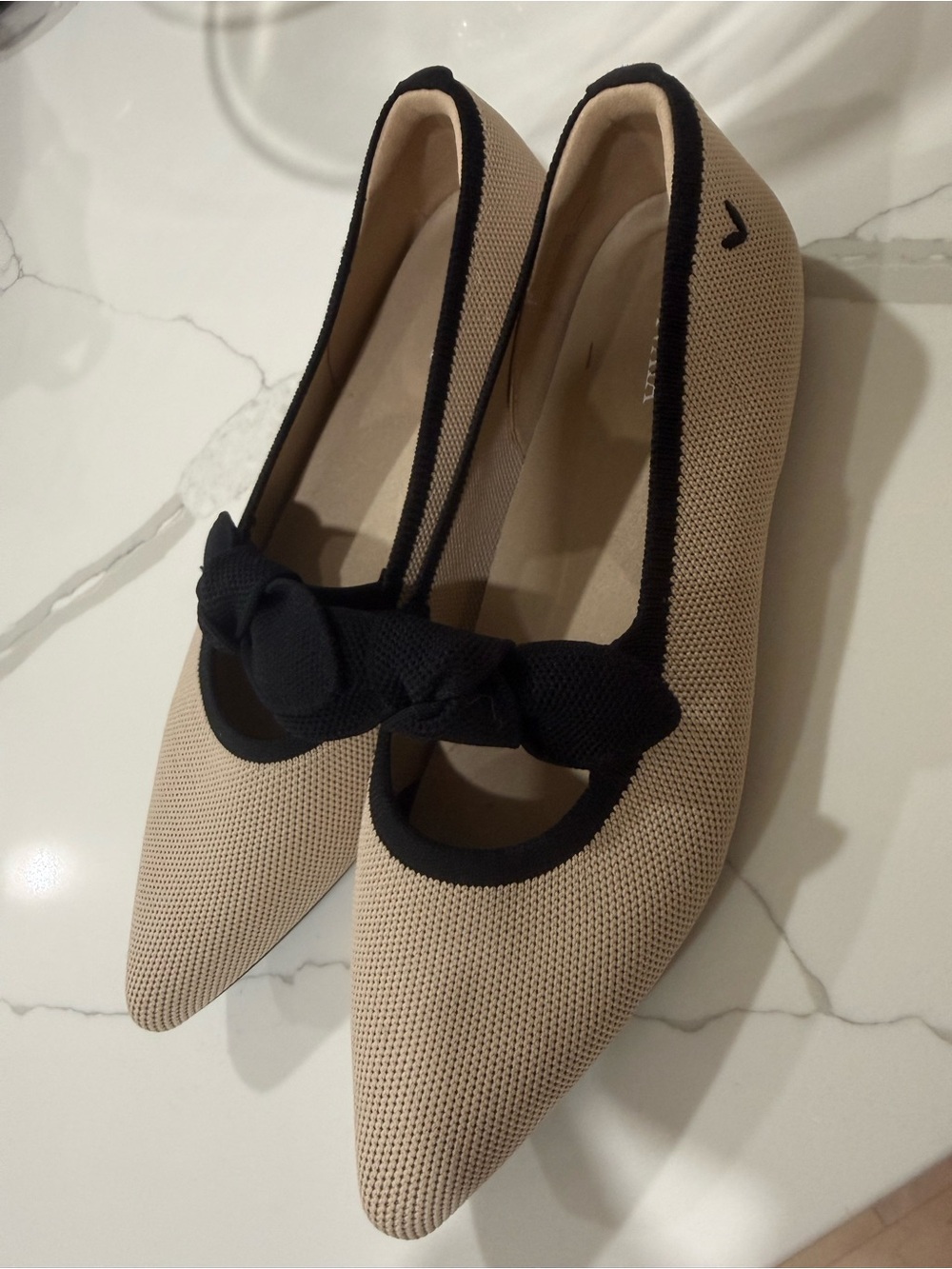 Viviana Beige and Black Pointed Knit Ballet Flats with Bow
